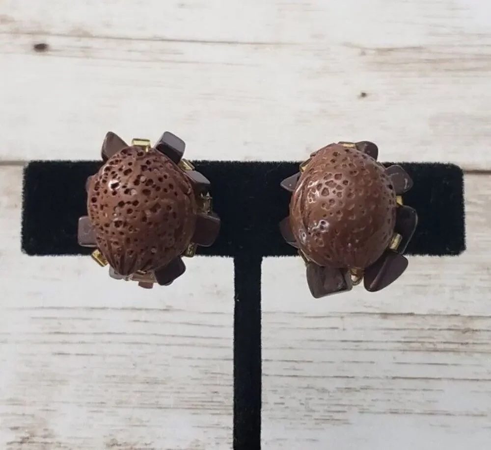 Vintage Clip On Earrings Brown Nut With Beads